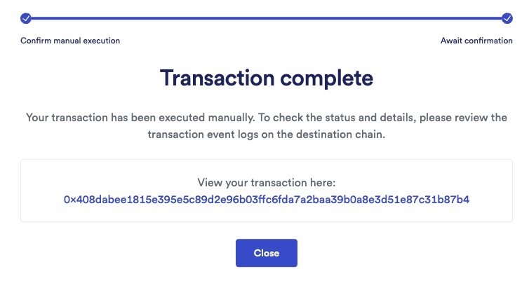 Chainlink CCIP Mumbai - override gas limit - confirmation screen